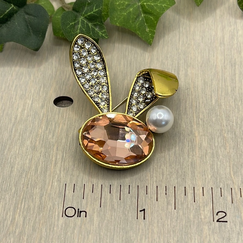 🌻 Vintage Peach Rhinestone Rabbit Ear Brooches - Picture 5 of 8